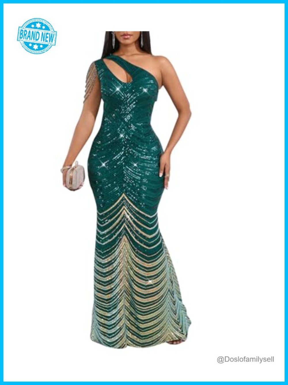 Sequin One Shoulder Tassel Mermaid Bodycon Formal Evening Maxi Dress